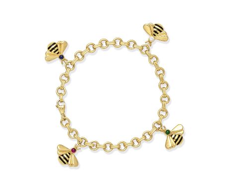 CARTIER: ENAMEL AND GEM-SET CHARM BRACELETThe 18 carat gold fancy link bracelet with four bee charms, each decorated with bla