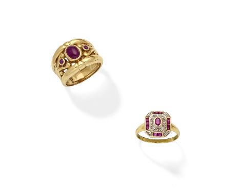 TWO RUBY-SET RINGS1st: Set with cabochon rubies in an openwork mount, 2nd: the plaque ring set with oval and calibré-cut rubi