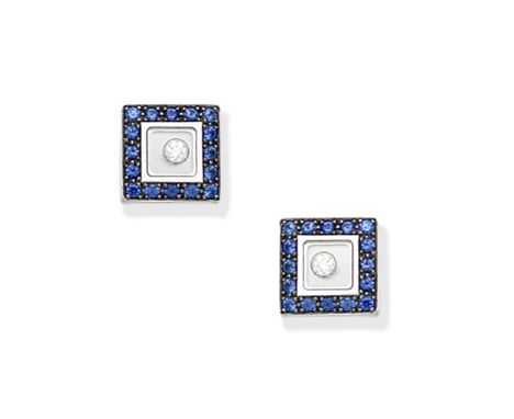 CHOPARD: SAPPHIRE AND DIAMOND 'HAPPY DIAMONDS' EARSTUDSEach square-shaped plaque bordered by  circular-cut sapphires, with gl