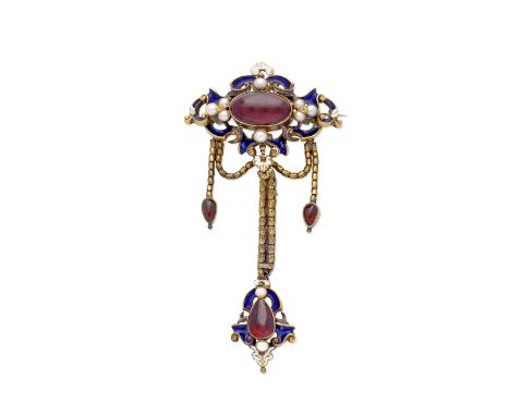 GARNET, HALF PEARL AND ENAMEL BROOCH,  CIRCA 1850The scrolling openwork plaque set with a garnet carbuncle, half pearls and b