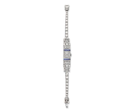 BOUCHERON: ART DECO DIAMOND AND SAPPHIRE COCKTAIL WATCH, CIRCA 1930The rectangular dial with Arabic numerals, within a step-c