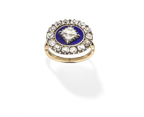 ENAMEL AND DIAMOND PLAQUE RING, LATE 18TH CENTURYThe central cushion-shaped diamond on an oval blue guilloché enamel plaque, 