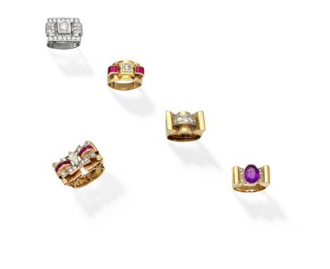 COLLECTION OF ODEONESQUE GEM-SET RINGS1st: Set with a marquise-cut diamond, with brilliant-cut diamonds and square step-cut r