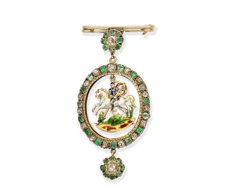 ENAMEL, EMERALD AND DIAMOND BROOCHThe enamel plaque depicting St. George and the Dragon, within a frame set with cushion-shap