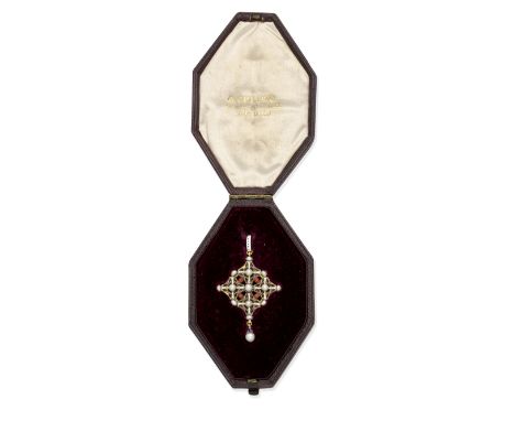 CARLO GIULIANO: RENAISSANCE REVIVAL ENAMEL AND SEED PEARL PENDANT, CIRCA 1875Of openwork design, decorated throughout in poly