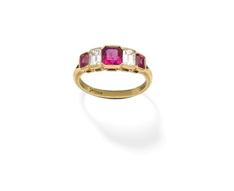 RUBY AND DIAMOND RING, 1998The central octagonal-cut ruby, between emerald-cut diamonds and step-cut rubies, mounted in 18 ca