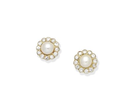 CULTURED PEARL AND DIAMOND CLUSTER EARRINGSEach 7.0mm button pearl within a brilliant-cut diamond surround, diamonds approx. 