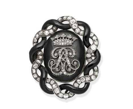 ENAMEL AND DIAMOND BROOCH, CIRCA 1870The black enamel plaque with applied rose-cut diamond coronet and monogram, within an in