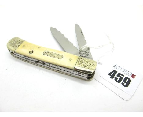 Clayton Pocket Knife, with ivory scales, etched bolstered name plate personalised "G. Wedge", two blades, work back to spine 