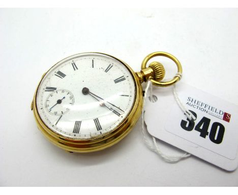 An Openface Pocketwatch, the white dial with black Roman numerals and seconds subsidiary dial, within engine turned case with