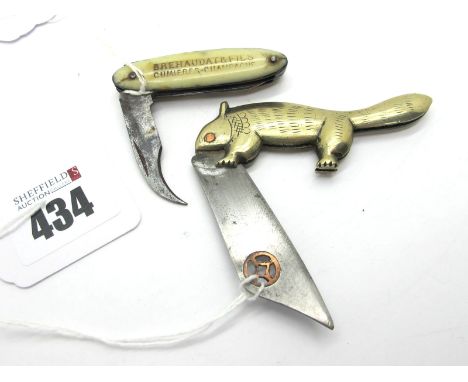 Pocket Knives - One in the form of a rodent and one advertising champagne, the rodent with brass scales, single blade 7cm lon