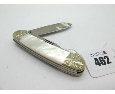 IXL George Wostenholm Pocket Knife, with mother of pearl scales, etched brass bolsters, three blades, brass linings, 20cm ope