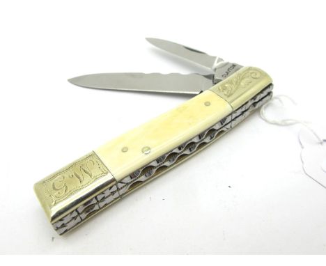 Clayton Pocket Knife, with ivory scales, brass etched bolsters initialled "G.W", two blades with work back to spine and blade