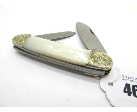 IXL George Wostenholm Pocket Knife, with mother of pearl scales, etched brass bolsters, three blades, brass linings, 20cm ope