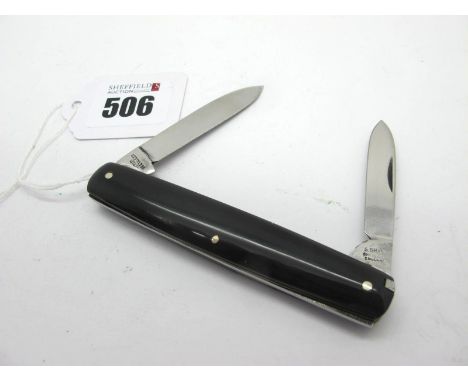 Stan Shaw; A Two Blade Pocket Knife, polished horn with brass linings, awl and tweezers encased in the scales, with name plat