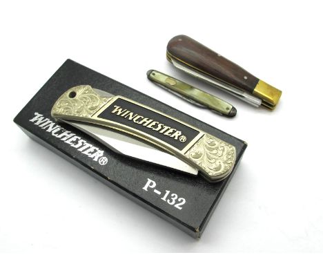 Pocket Knives - Sheffield Made Two Blade, wooden scales, brass bolster and linings, 9cm closed length; Hand Made Winchester S