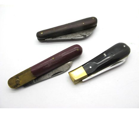 Pocket Knives - Sheffield Made Single Blade, polished horn scales, brass bolster, brass lined, 9cm closed length; a pruning k