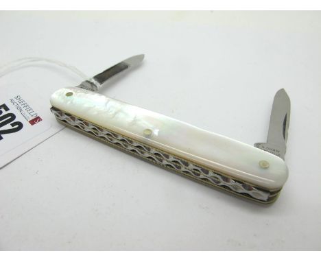 Stan Shaw; A Pocket Knife, with mother of pearl scales, three blades, nail file, work back to spine and part of blades, worke