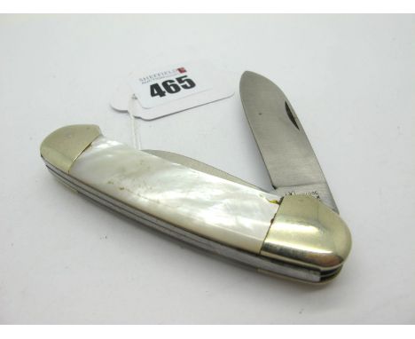 IXL George Wostenholm Pocket Knife, with mother of pearl scales, etched brass bolsters, three blades, brass linings, 20cm ope