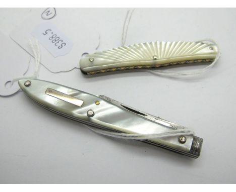 Tidmarsh Finest Cutlery Penknife, two blades with brass linings and mother of pearl scales in the form of a fish, 8cm long (c