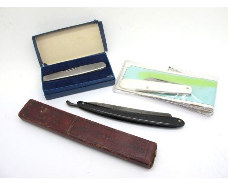 Wilkinson Sword Two Blade Pocket Knife, stainless steel scales, 9cm closed length, boxed; Oscar German razor, boxed; Saynor S
