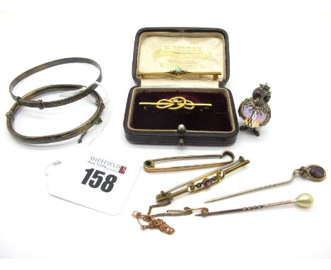 A Single Stone Diamond Set Bar Brooch, stamped "15c", in a fitted case; Together with An Opal and Seed Pearl Set Bar Brooch, 