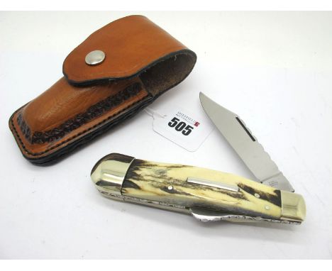 Stan Shaw; A Single Blade Pocket Knife, with stag scales and n/s bolsters to both ends, brass worked linings and work back fu