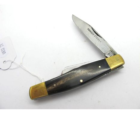 Pocket Knife Material Sheffield Three Blade Knife, with brass bolsters and polished horn scales, 22cm open length. 