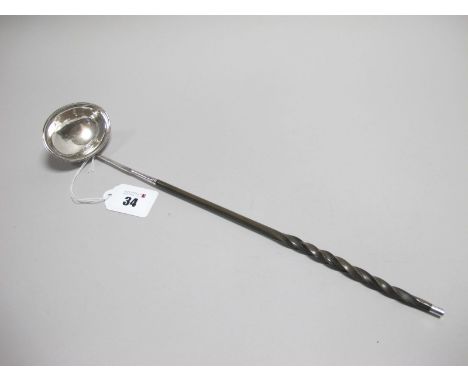 A Hallmarked Silver Toddy Ladle, possibly Thomas Morley, London 1789, with plain oval bowl, initialled (dents) and twisted ha