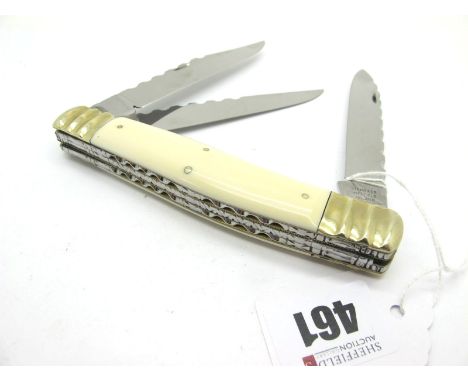 Clayton Pocket Knife, ivory scales and brass bolsters, three blades, work back to spine and full length of blades, initialled