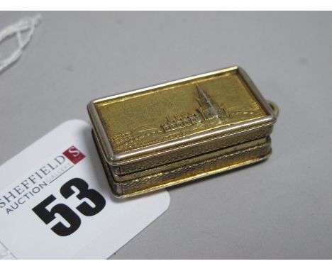 A Hallmarked Silver Gilt 'Castle Top' Vinaigrette, John Lawrence &amp; Co, Birmingham 1829, detailed in relief with image of 