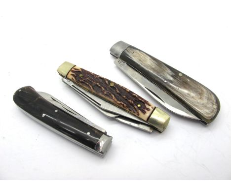 George Wostenholm IXL Three Blade Knife, coloured stag scales, double bolsters and brass linings, 10cm closed length; Joseph 