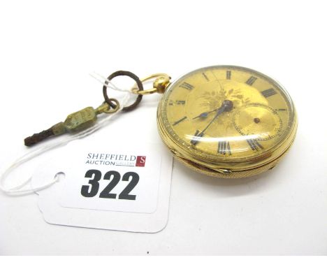 An 18ct Gold Cased Openface Pocketwatch, the foliate engraved dial with black Roman numerals (wear / scratches / rust) and se