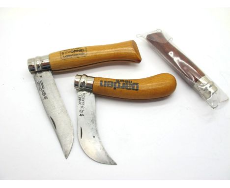 Opinel Single Blade Wooden Handle Knife, 13cm closed length; Opinel (Garden News) Pruner, 11cm closed length; Opinel Single B