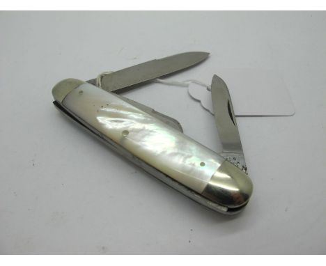 Rodgers Pocket Knife, with mother of pearl scales, nickel silver bolsters and name escutcheon, three blades, 21cm open length
