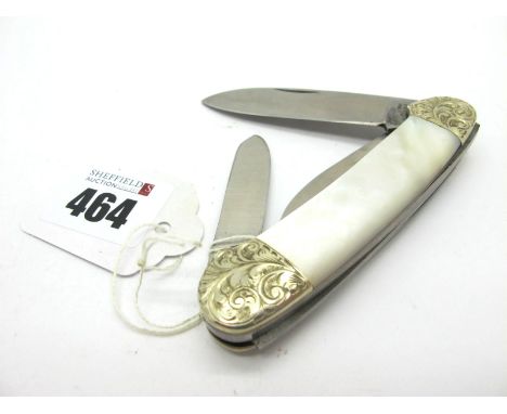 IXL George Wostenholm Pocket Knife, with mother of pearl scales, etched brass bolsters, three blades, brass linings, 20cm ope
