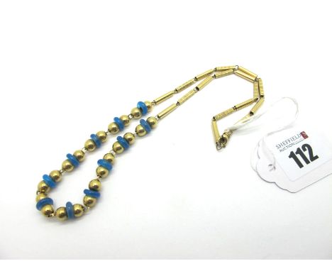 A 9ct Gold Necklace, composed of beads and engine turned baton links, 43.5cm long. 