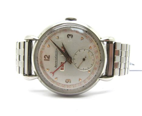 Jaeger LeCoultre; A Vintage Triple Date Gent's Wristwatch, the signed dial with Arabic numerals, subsidiary seconds dial and 