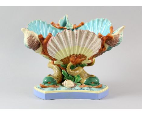 Royal Worcester majolica centrepiece bowl, modelled as shells supported by dolphins, circa 1860, impressed mark to base, heig