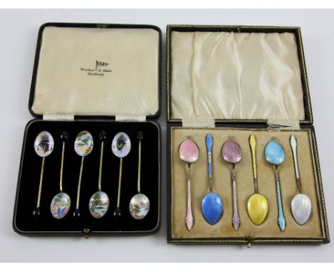 Walker &amp; Hall, a set of enamelled tea spoons, each one painted with a land or seascape, silver gilt with coffee bean fini