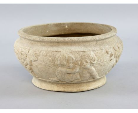 Compton pottery unglazed bulb pot  the frieze decorated with Putti and floral sprays, 22 cm diameter, impressed marks  .   