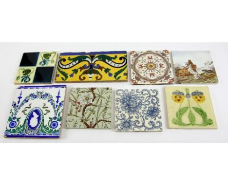  A group of decorative tiles, Minton tile in blue floral design on white ground, factory stamped marks verso, 15.2cm square, 