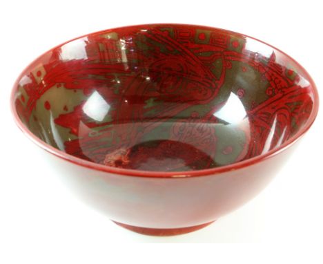 Bernard Moore, large punch bowl, deep red flambé glaze, interior decoration of cranes in flight and mythical beast, signed un