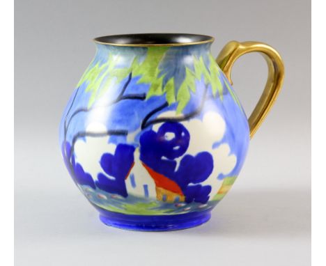 Carlton Ware handicraft, an unusual tree and cottage pattern baluster jug, with black interior gilt rim and handle,  numbered