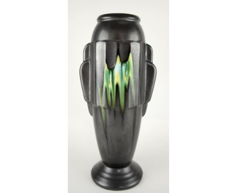  Faiencerie Thulin Belgian Art Deco vase of architectural form  with green drip glaze, Airain series, marks to base 39 cm .  