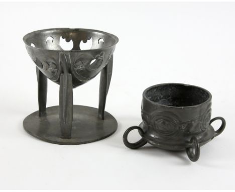 Liberty Tudric, a pewter bowl on stand with pierced decoration, numbered 0276, , and a small ring handled pot,  both lacking 
