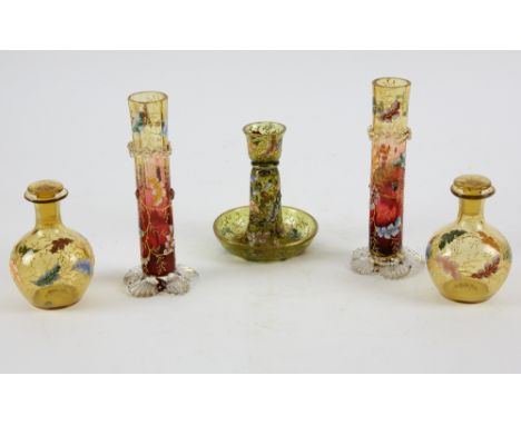 Ludwig Moser Karlsblad, glass candlestick with enamelled decoration of flowers leaves and insect, and gilt acorns in relief, 