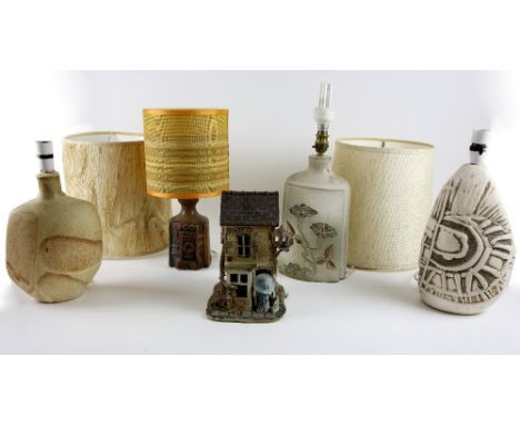  Mid 20th C studio pottery lamps, Tremaen, Cornwall pottery lamp in Bowjey design by Peter Ellery, cream ground, 38.5cm to to