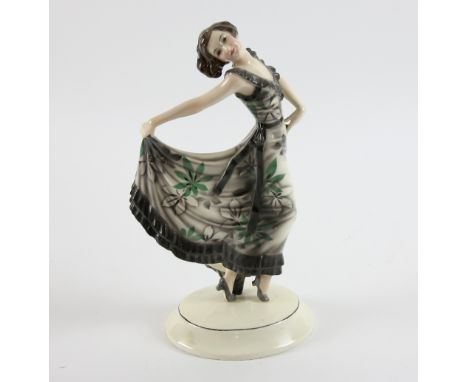 Josef Lorenzl design for Goldscheider, figure of a young girl wearing floral print dress, impressed Lorenzl, Goldscheider Aus