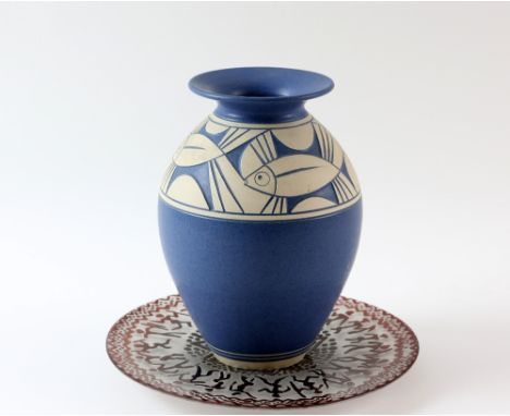  Studio glass plate, with tribal figures, clear glass overlaid with red signed, and s blue and white fish vase signed with in